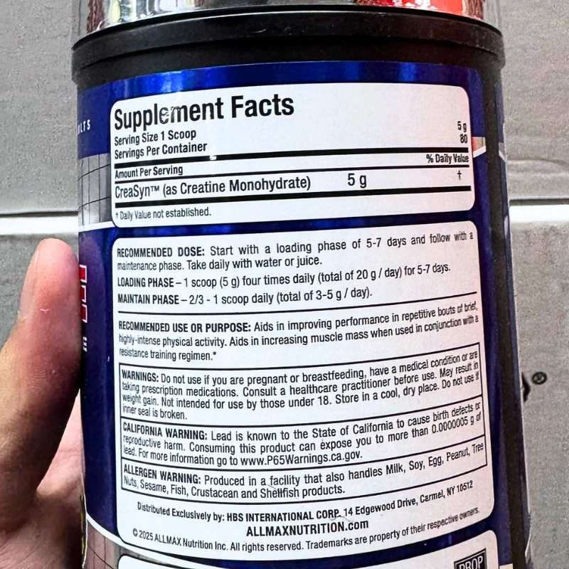 Allmax Creatine Pharmaceutical Grade 400g Supplements Facts 1766392745