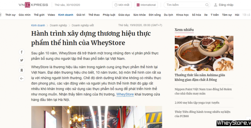 Báo VnExpress: Hành trình xây dựng thương hiệu thực phẩm thể hình của WheyStore 