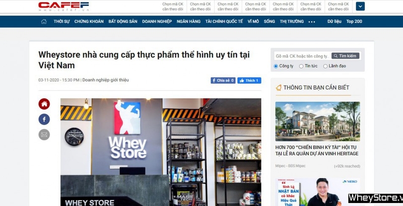 CafeF: Wheystore nhà cung cấp thực phẩm thể hình uy tín tại Việt Nam