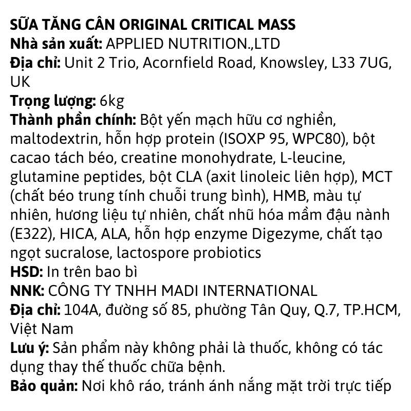 Applied Nutrition Original Critical Mass 6kg