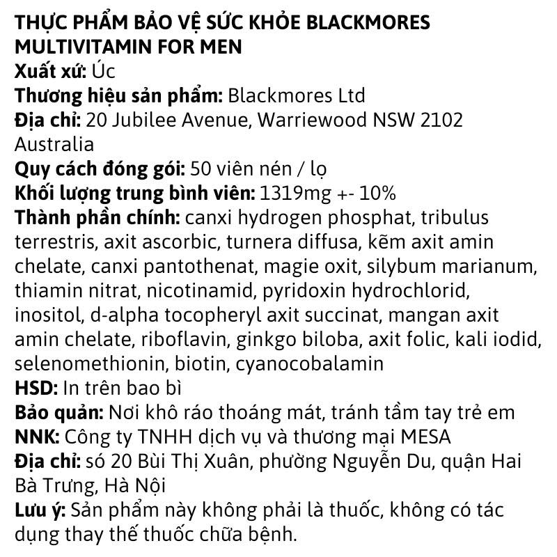 Blackmores Multivitamin For Men - 50 viên