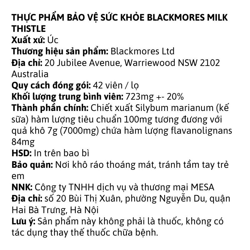 Blackmores Milk Thistle - 42 viên
