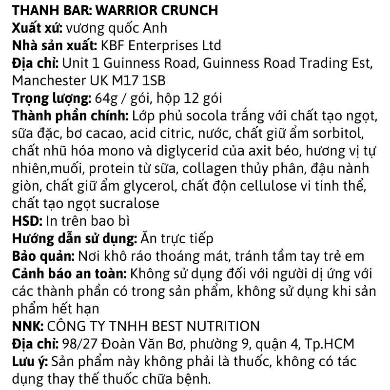 Warrior Crunch Protein Bar 12 thanh