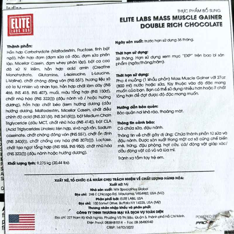 Elite Labs USA Mass Muscle Gainer 10lbs