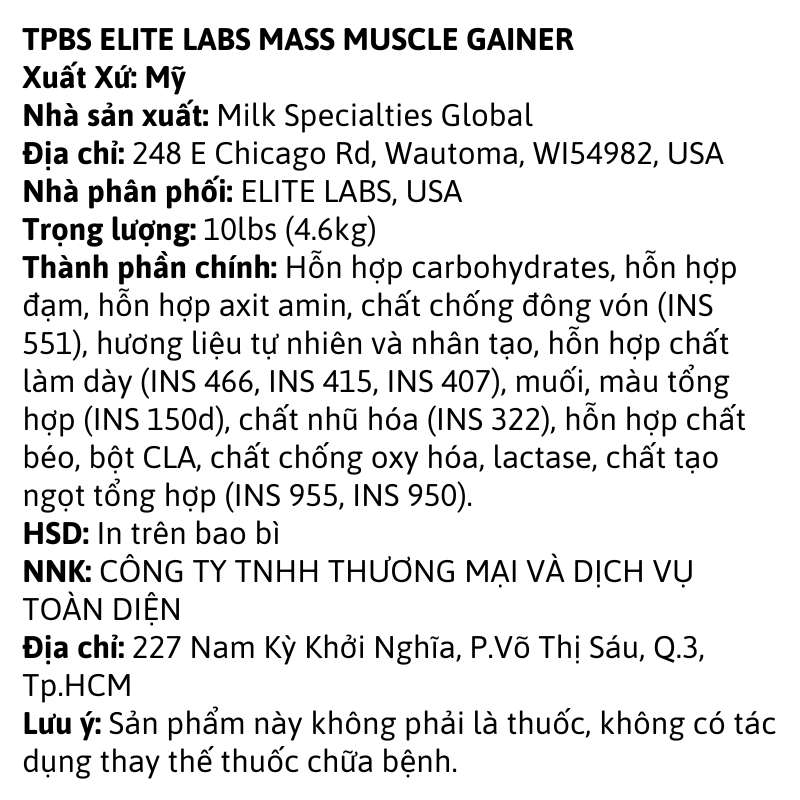 Elite Labs USA Mass Muscle Gainer 10lbs