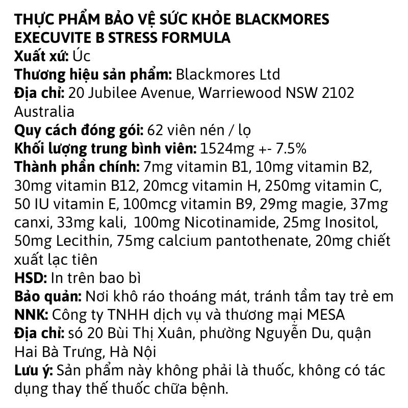 Blackmores Executive B Stress Formula - 62 viên