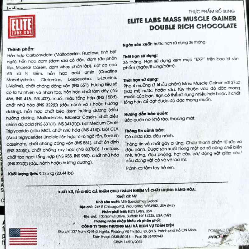 Elite Labs USA Mass Muscle Gainer 20lbs