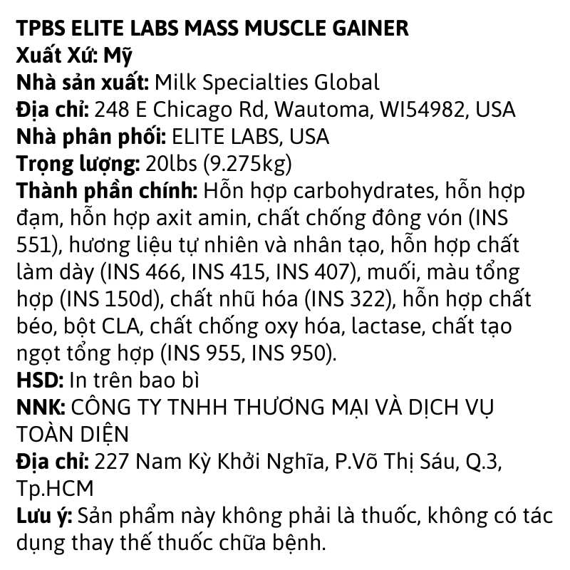 Elite Labs USA Mass Muscle Gainer 20lbs