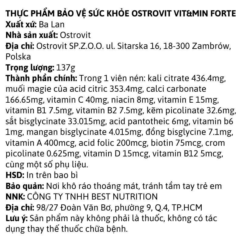 Ostrovit Vit&amp;Min Forte - 90 viên
