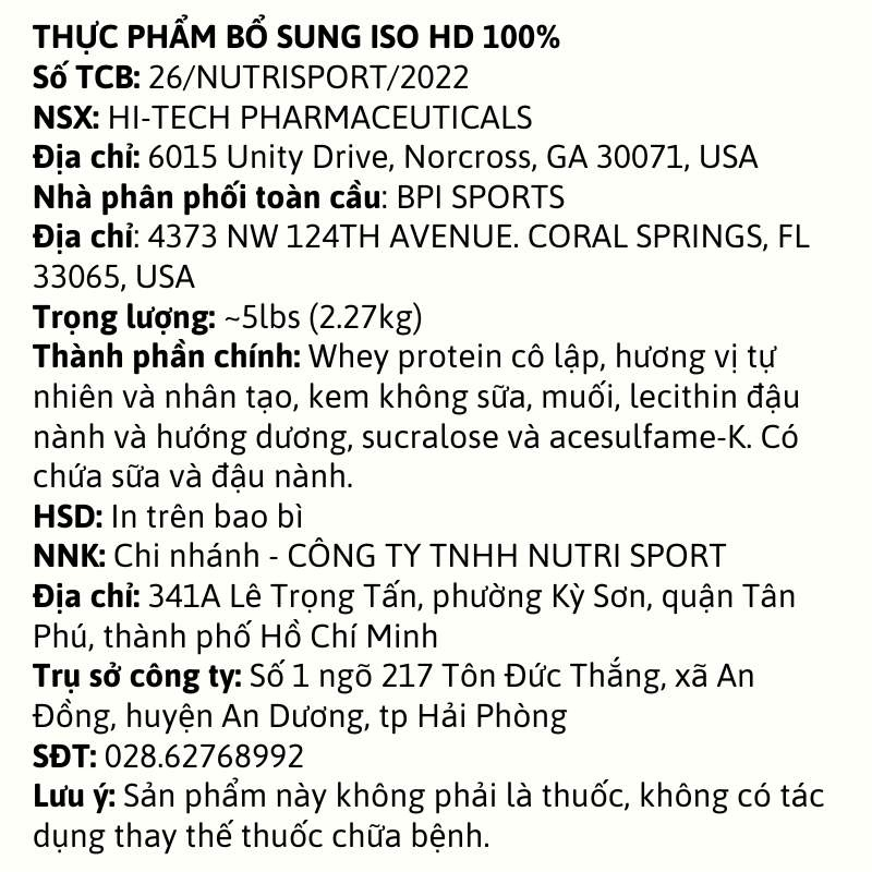 BPI ISO HD 100% Pure Isolate Protein 5lbs