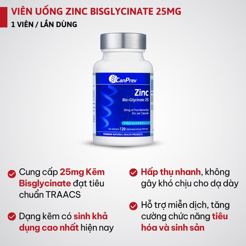 CanPrev Zinc Bis-Glycinate 25mg - 120 Viên