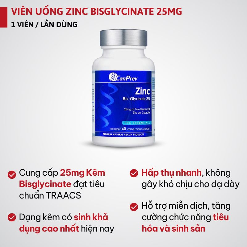 CanPrev Zinc Bis-Glycinate 25mg - 60 Viên