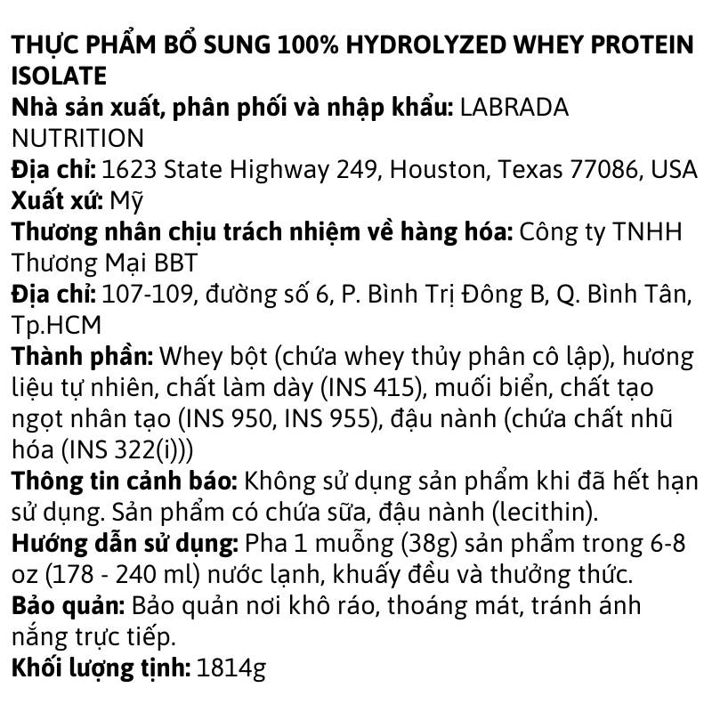 Labrada Pro Series Hydro - 100% Hydrolyzed Whey Protein Isolate 4lbs