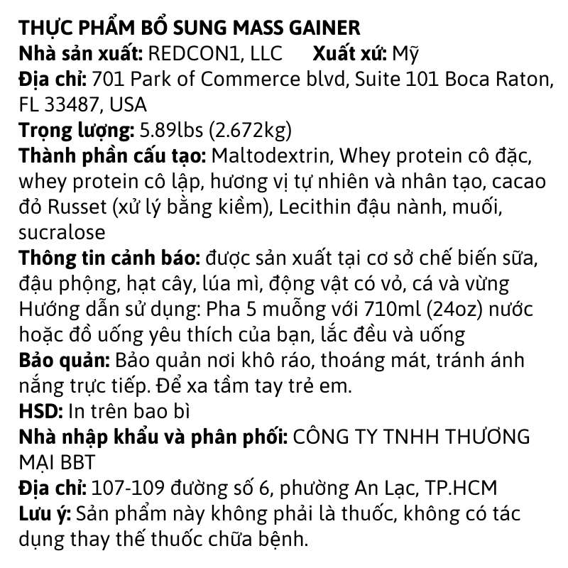 Redcon1 Mass Gainer 5.89lbs