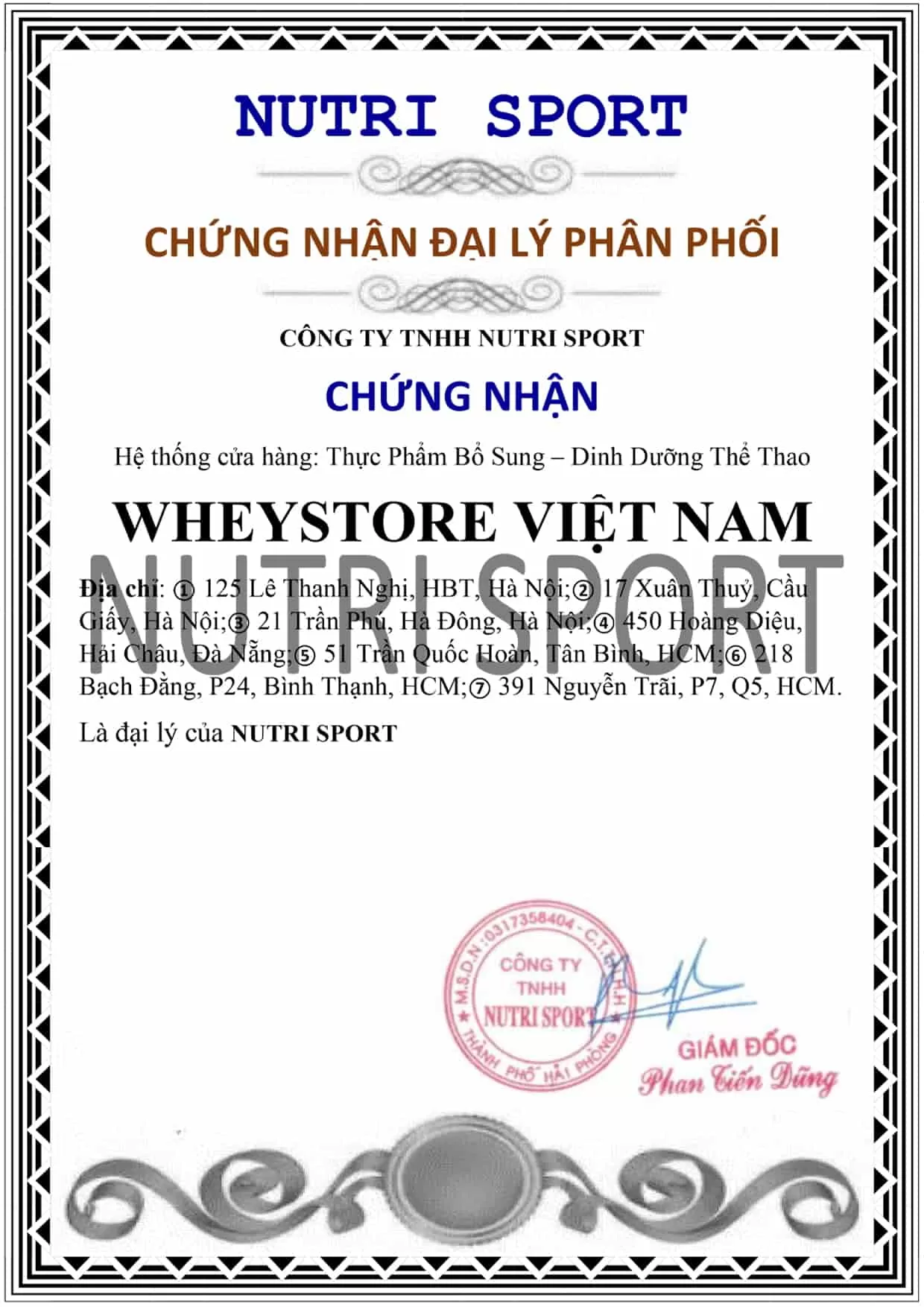 Chứng nhận WheyStore là đại lý phân phối của Nutri Sport