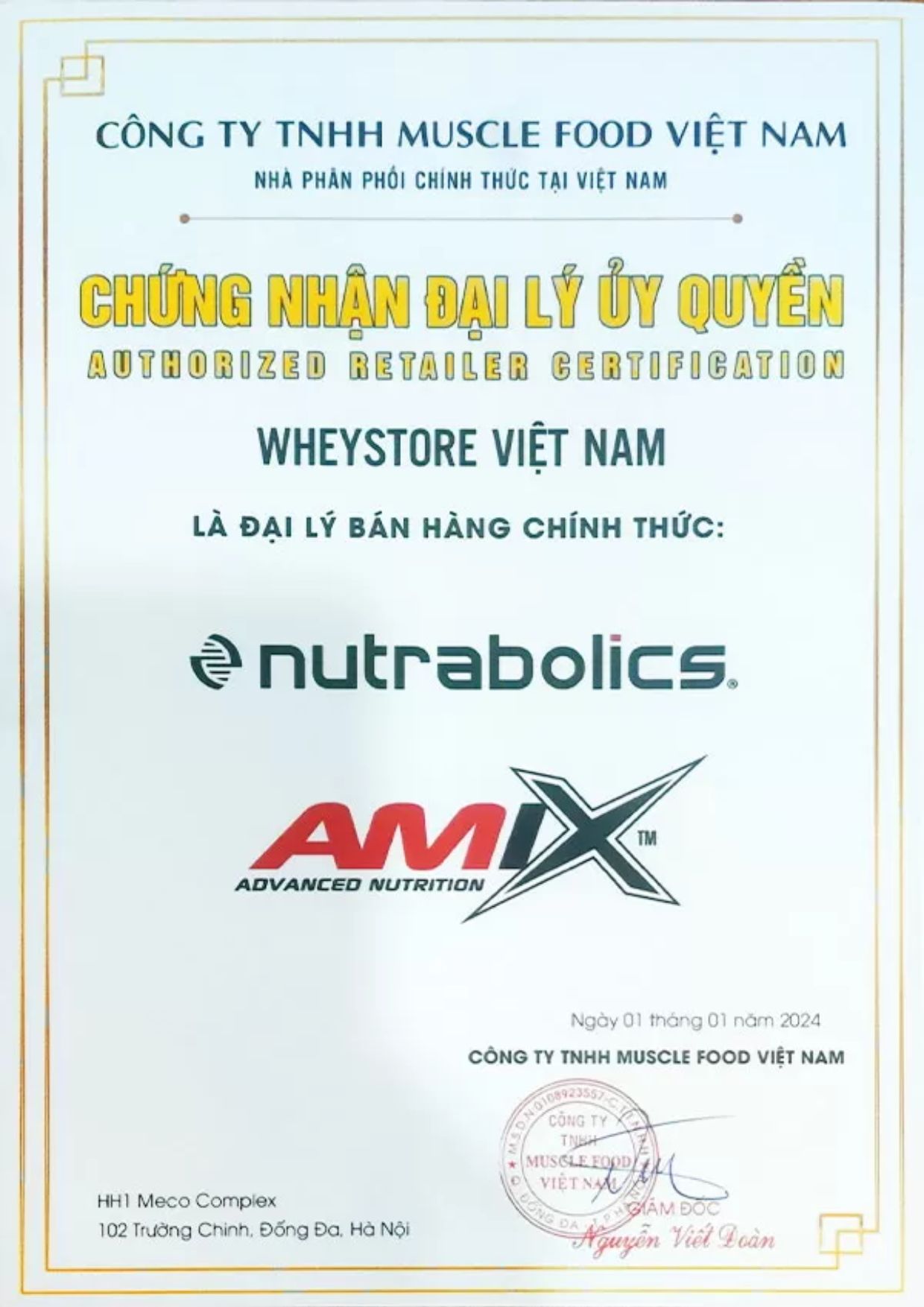 Chứng nhận đại lý ủy quyền chính thức của Amix Nutrition