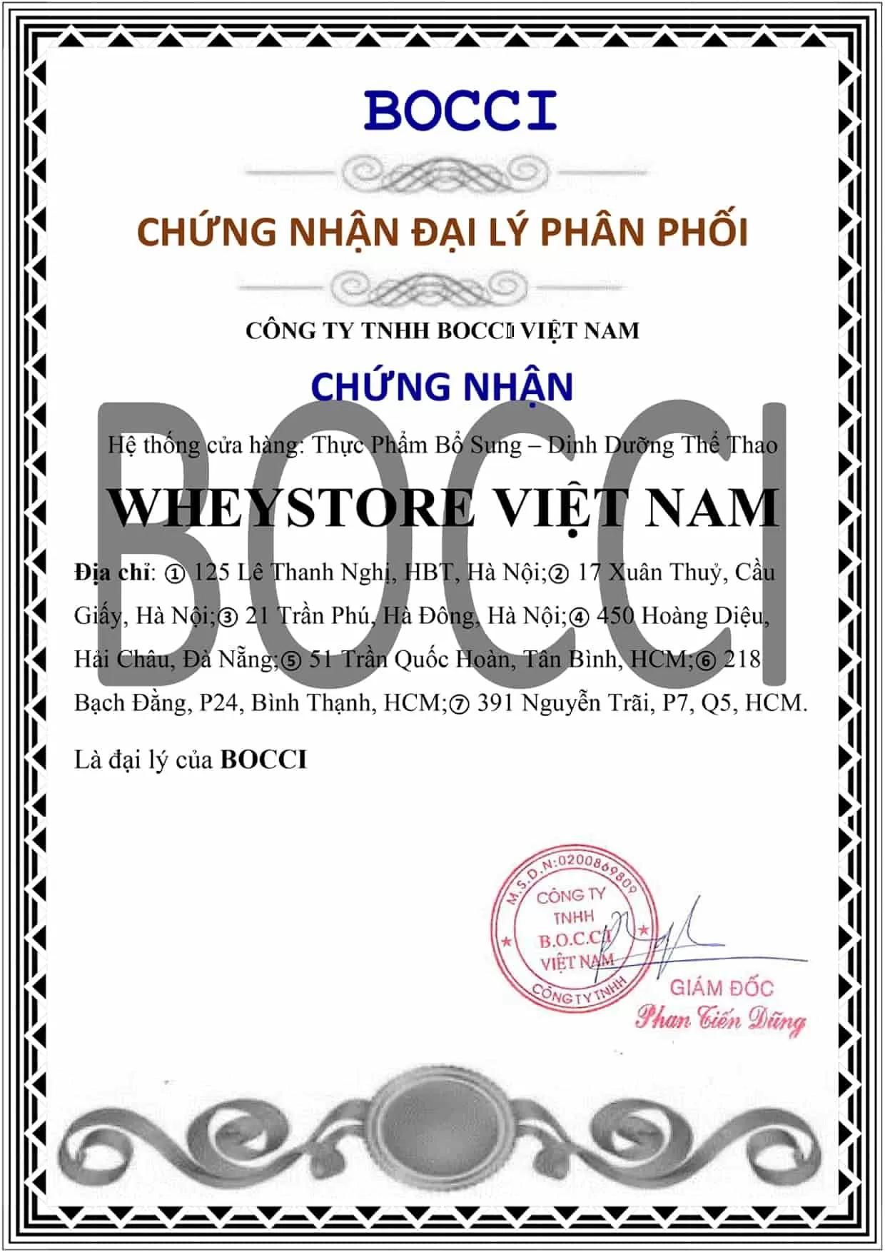 Chứng nhận WheyStore là đại lý phân phối của BOCCI