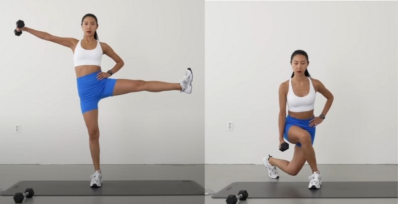 bài tập lưng xô cho nữ Curtsy Side Raise (Left)