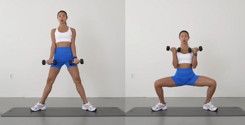 bài tập lưng xô cho nữ Wide Squat + Curls