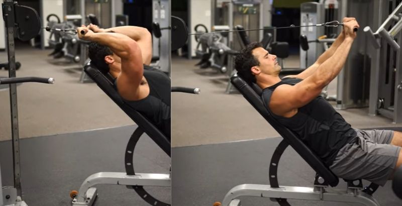 Tư thế bài tập Decline Cable Tricep Extension (Duỗi tay sau trên ghế nghiêng với cáp)
